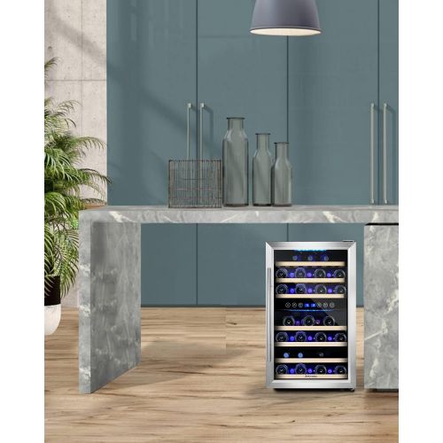  Kalamera KRC-45BSS Kompressor Weinkuehlschrank, 120 Liter, 45 Flaschen (bis zu 310 mm Hoehe), 2 Zonen 5-10°C/10-18°C, 7 Holz-Einschuebe, LED-Display, Edelstahl Glastuer