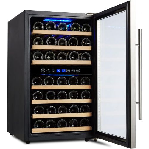  Kalamera KRC-45BSS Kompressor Weinkuehlschrank, 120 Liter, 45 Flaschen (bis zu 310 mm Hoehe), 2 Zonen 5-10°C/10-18°C, 7 Holz-Einschuebe, LED-Display, Edelstahl Glastuer