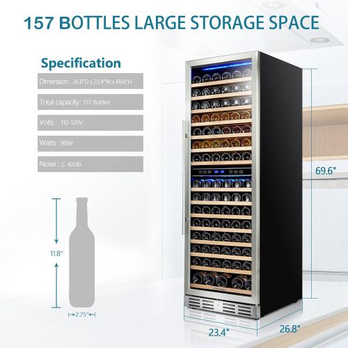  [아마존베스트]Kalamera 157 Bottle Freestanding Wine Cooler Refrigerator With Stainless Steel, triple-layered Tempered Glass Door, Electronic One-Touch Control with LED Display Wine Fridge