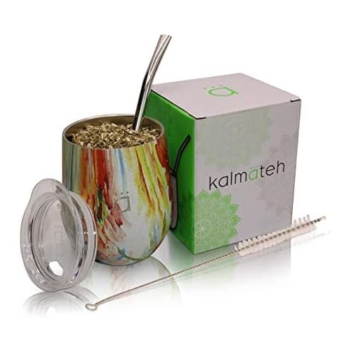  [아마존베스트]Kalmateh Yerba Mate Gourd  Modern 8 oz Mate Cup with BPA Free Lid Double Walled 18/8 Stainless Steel - Includes Bombilla and Cleaning Brush (Flower)