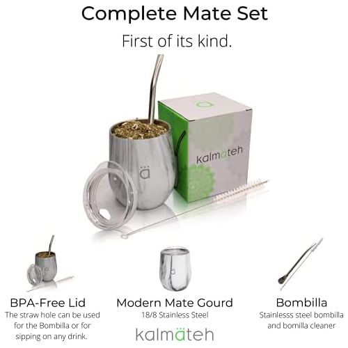  [아마존베스트]Kalmateh Yerba Mate Gourd  Modern 8 oz Mate Cup with BPA Free Lid Double Walled 18/8 Stainless Steel - Includes Bombilla and Cleaning Brush (Flower)