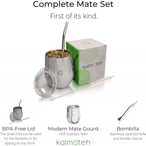  [아마존베스트]Kalmateh Yerba Mate Gourd  Modern 8 oz Mate Cup with BPA Free Lid Double Walled 18/8 Stainless Steel - Includes Bombilla and Cleaning Brush (Flower)