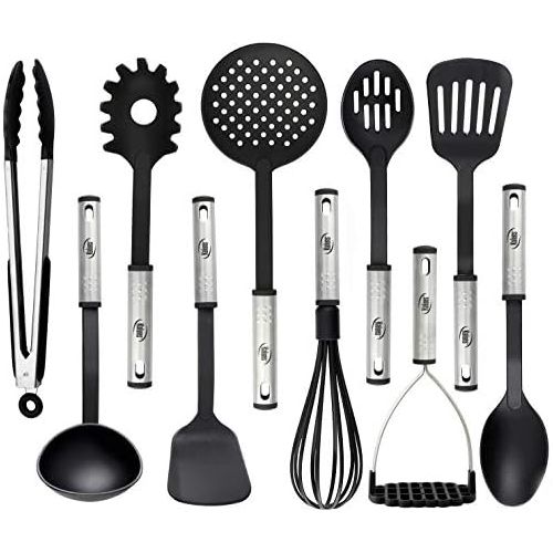  Kaluns Kitchen Utensils Set, 10 Nylon Stainless Steel Cooking Utensils, Non Stick and Heat Resistant Cookware set New Chefs Gadget Tools Collection (Black)