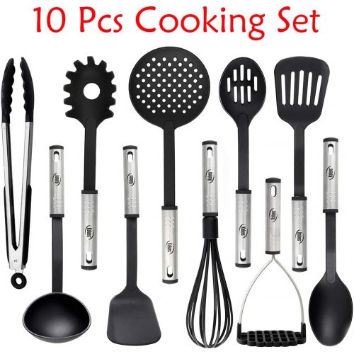  Kaluns Kitchen Utensils Set, 10 Nylon Stainless Steel Cooking Utensils, Non Stick and Heat Resistant Cookware set New Chefs Gadget Tools Collection (Black)