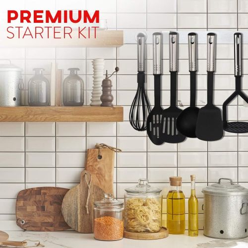  Kaluns Kitchen Utensils Set, 10 Nylon Stainless Steel Cooking Utensils, Non Stick and Heat Resistant Cookware set New Chefs Gadget Tools Collection (Black)