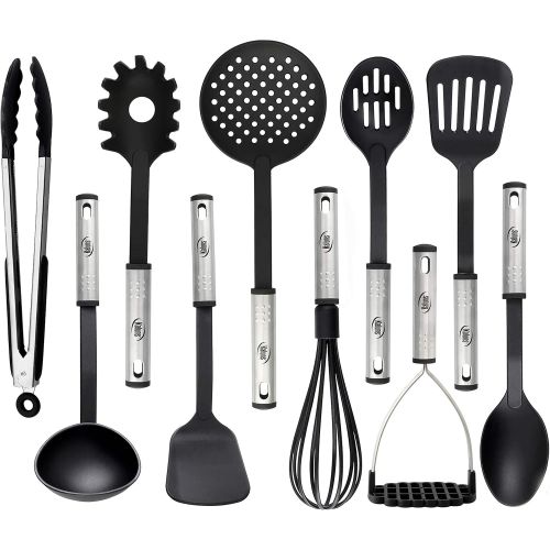  Kaluns Kitchen Utensils Set, 10 Nylon Stainless Steel Cooking Utensils, Non Stick and Heat Resistant Cookware set New Chefs Gadget Tools Collection (Black)