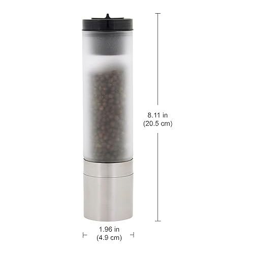 카먼스테인 Kamenstein Borosilicate Frosted Glass Grinder with Stainless Steel Accents, Pre-filled with Black Peppercorns, Integrated Salt Shaker, 8 Inch