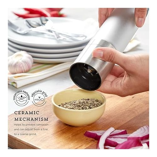 카먼스테인 Kamenstein Borosilicate Frosted Glass Grinder with Stainless Steel Accents, Pre-filled with Black Peppercorns, Integrated Salt Shaker, 8 Inch