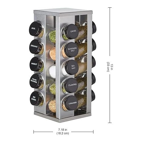 카먼스테인 Kamenstein 20 Jar Heritage Revolving Countertop Spice Rack Organizer with Spices Included, FREE Spice Refills for 5 years, Brushed Stainless Steel with Black Caps