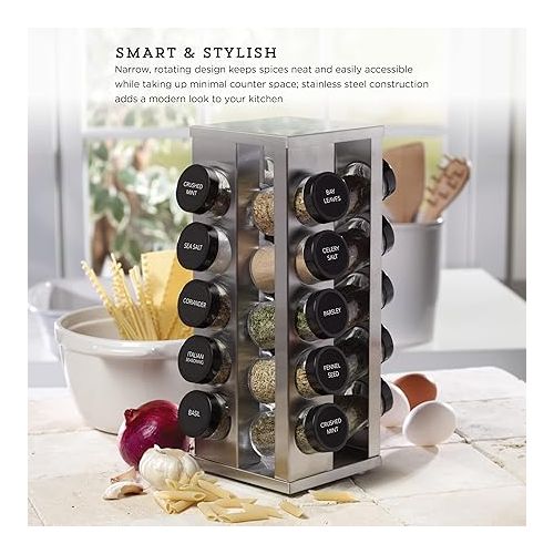 카먼스테인 Kamenstein 20 Jar Heritage Revolving Countertop Spice Rack Organizer with Spices Included, FREE Spice Refills for 5 years, Brushed Stainless Steel with Black Caps