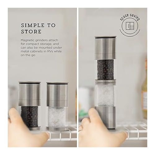 카먼스테인 Kamenstein Magnetic Salt and Pepper Grinder Filled with Spices, Set Of 2, Stainless Steel