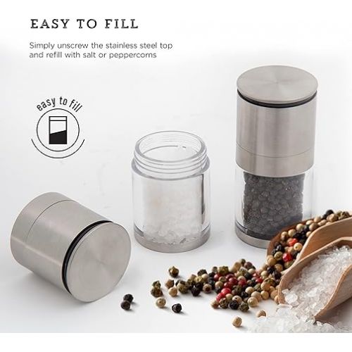 카먼스테인 Kamenstein Magnetic Salt and Pepper Grinder Filled with Spices, Set Of 2, Stainless Steel