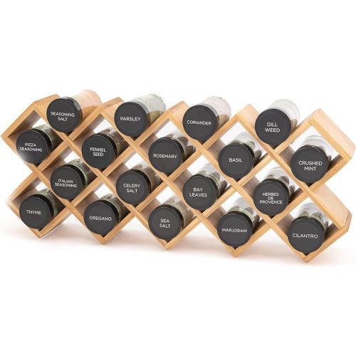 카먼스테인 Kamenstein 18 Jar Criss-Cross 2-in-1 Spice Organizer for Countertop or Wall with Spices Included, FREE Spice Refills for 5 Years, Bamboo with Black Caps