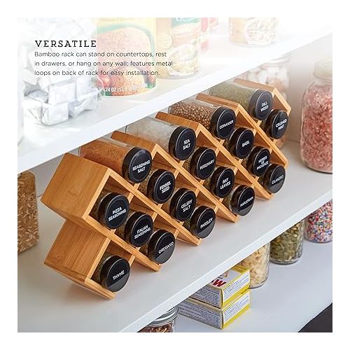 카먼스테인 Kamenstein 18 Jar Criss-Cross 2-in-1 Spice Organizer for Countertop or Wall with Spices Included, FREE Spice Refills for 5 Years, Bamboo with Black Caps