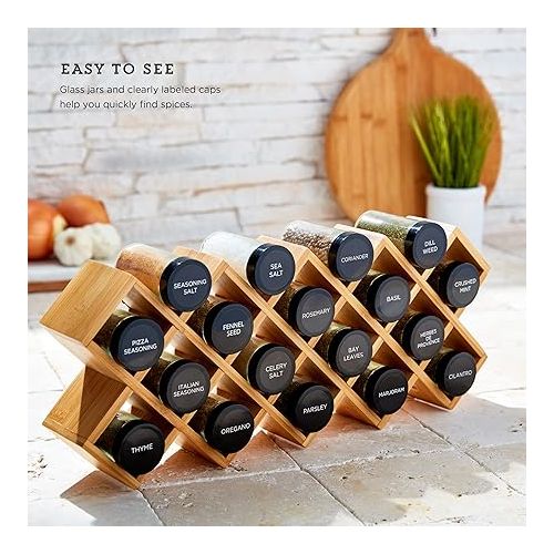 카먼스테인 Kamenstein 18 Jar Criss-Cross 2-in-1 Spice Organizer for Countertop or Wall with Spices Included, FREE Spice Refills for 5 Years, Bamboo with Black Caps