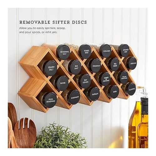 카먼스테인 Kamenstein 18 Jar Criss-Cross 2-in-1 Spice Organizer for Countertop or Wall with Spices Included, FREE Spice Refills for 5 Years, Bamboo with Black Caps