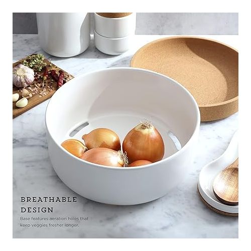 카먼스테인 Kamenstein 2 Compartment Large Bowl Extends Produce Freshness, 11 x 11 x 6 Inch, Natural Cork and White Ceramic