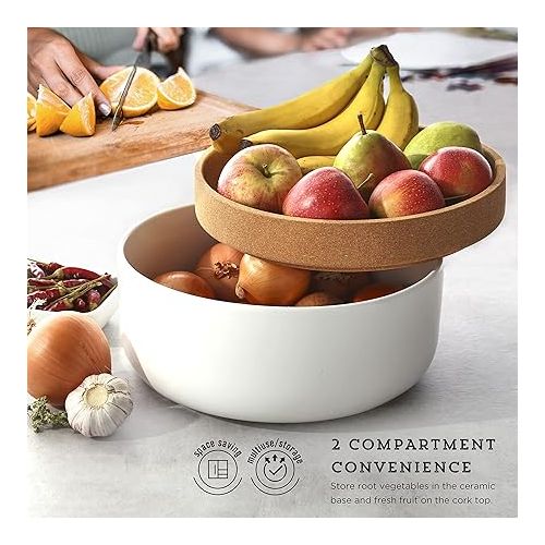 카먼스테인 Kamenstein 2 Compartment Large Bowl Extends Produce Freshness, 11 x 11 x 6 Inch, Natural Cork and White Ceramic