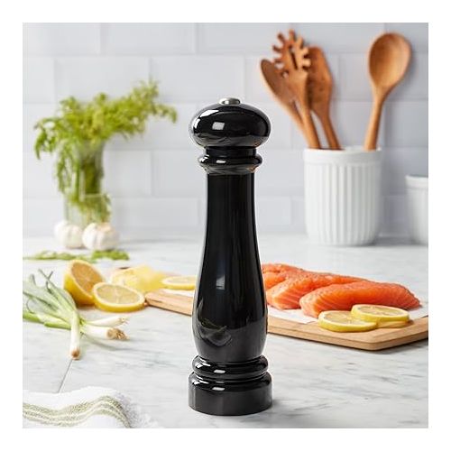 카먼스테인 Kamenstein Traditional Glossy Battery Operated Grinder for Salt or Peppercorns, Easy to Use with One Handed Push of a Button, Runs on Batteries, batteries not Included, 10in, Black