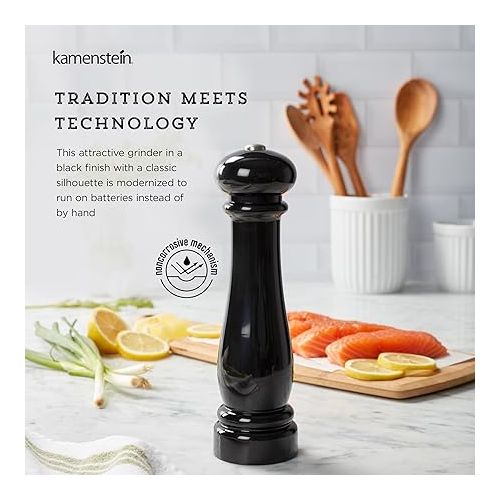 카먼스테인 Kamenstein Traditional Glossy Battery Operated Grinder for Salt or Peppercorns, Easy to Use with One Handed Push of a Button, Runs on Batteries, batteries not Included, 10in, Black