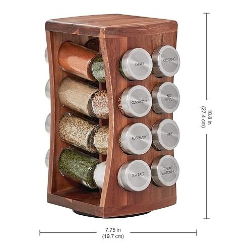 카먼스테인 Kamenstein 16 Jar Hourglass Revolving Countertop Spice Rack with Spices Included, FREE Spice Refills for 5 years, Acacia with Stainless Steel Caps,Brown