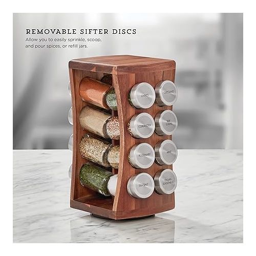 카먼스테인 Kamenstein 16 Jar Hourglass Revolving Countertop Spice Rack with Spices Included, FREE Spice Refills for 5 years, Acacia with Stainless Steel Caps,Brown