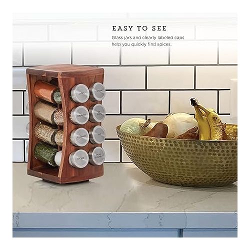 카먼스테인 Kamenstein 16 Jar Hourglass Revolving Countertop Spice Rack with Spices Included, FREE Spice Refills for 5 years, Acacia with Stainless Steel Caps,Brown