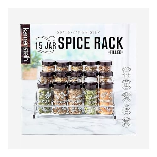 카먼스테인 Kamenstein 15 Jar Lincoln Countertop Spice Rack with Spices Included, FREE Spice Refills for 5 Years, Chrome with Black Caps , 9.5 x 5.8 x 9