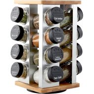 Kamenstein 16 Jar Warner Revolving Countertop Spice Rack Organizer with Lift & Pour Caps and Spices Included, FREE Spice Refills for 5 years, Stainless Steel & Bamboo with Black Caps