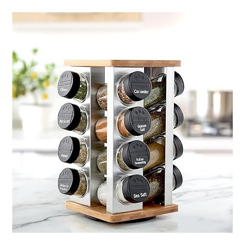 카먼스테인 Kamenstein 16 Jar Warner Revolving Countertop Spice Rack Organizer with Lift & Pour Caps and Spices Included, FREE Spice Refills for 5 years, Stainless Steel & Bamboo with Black Caps