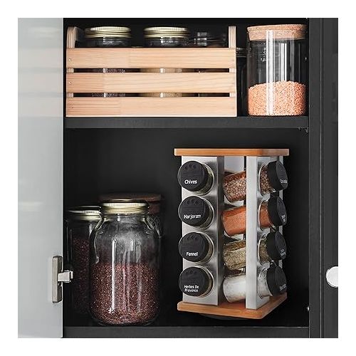 카먼스테인 Kamenstein 16 Jar Warner Revolving Countertop Spice Rack Organizer with Lift & Pour Caps and Spices Included, FREE Spice Refills for 5 years, Stainless Steel & Bamboo with Black Caps