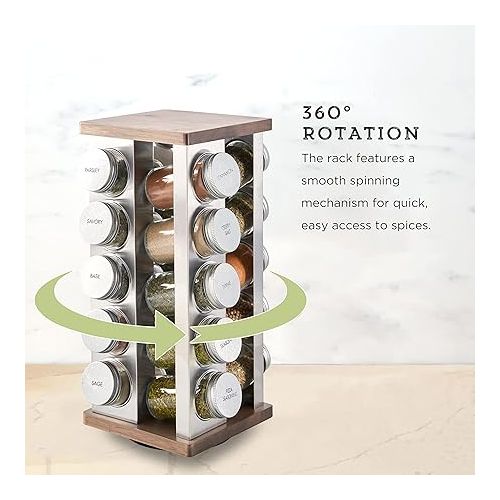 카먼스테인 Kamenstein 20 Jar Vintage Revolving Countertop Spice Rack Organizer with Spices Included, FREE Spice Refills for 5 Years, Wood and Stainless Steel with Metal Caps