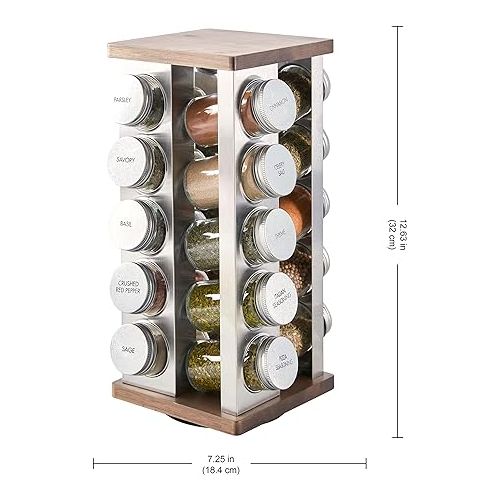 카먼스테인 Kamenstein 20 Jar Vintage Revolving Countertop Spice Rack Organizer with Spices Included, FREE Spice Refills for 5 Years, Wood and Stainless Steel with Metal Caps