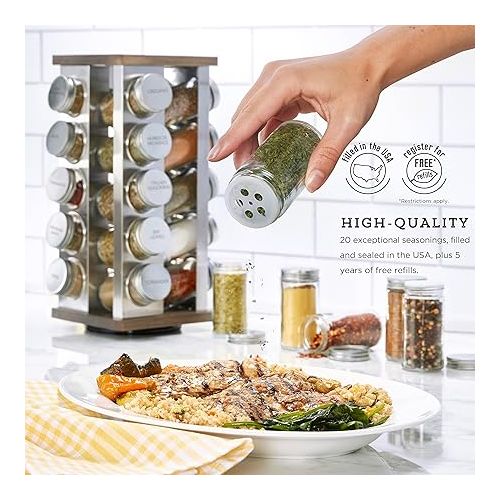 카먼스테인 Kamenstein 20 Jar Vintage Revolving Countertop Spice Rack Organizer with Spices Included, FREE Spice Refills for 5 Years, Wood and Stainless Steel with Metal Caps