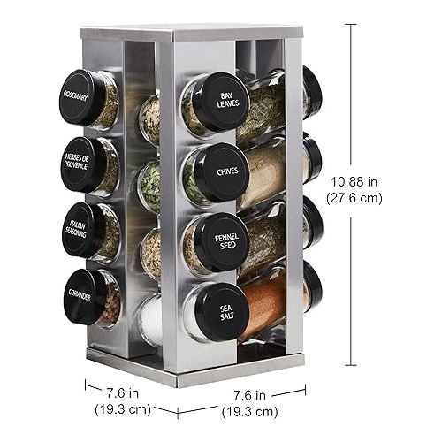 카먼스테인 Kamenstein 16 Jar Heritage Revolving Countertop Spice Rack Organizer with Spices Included, FREE Spice Refills for 5 years, Brushed Stainless Steel with Black Caps