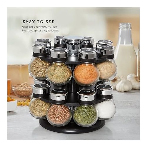 카먼스테인 Kamenstein 16 Jar Ellington Revolving Countertop Spice Rack with Lift & Pour Caps and Spices Included, FREE Spice Refills for 5 Years: Black and Chrome