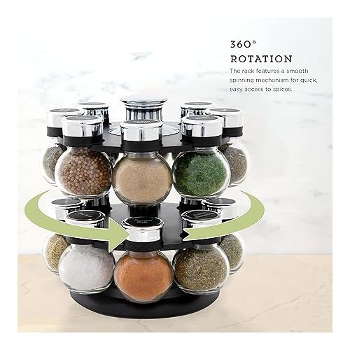 카먼스테인 Kamenstein 16 Jar Ellington Revolving Countertop Spice Rack with Lift & Pour Caps and Spices Included, FREE Spice Refills for 5 Years: Black and Chrome