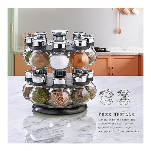 카먼스테인 Kamenstein 16 Jar Ellington Revolving Countertop Spice Rack with Lift & Pour Caps and Spices Included, FREE Spice Refills for 5 Years: Black and Chrome