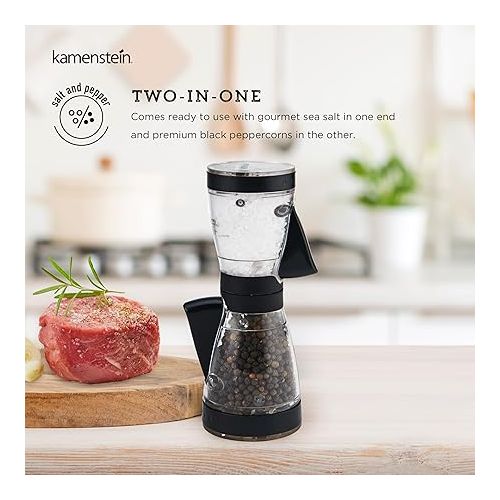 카먼스테인 KAMENSTEIN One-Handed 2-in-a-1 Dual Salt and Pepper Grinder-Adjustable and Refillable, 8-Inch, Black