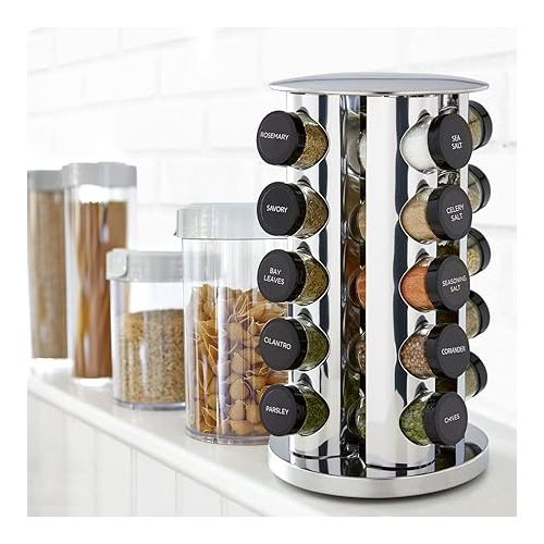 카먼스테인 Kamenstein 20 Jar Revolving Countertop Spice Rack with Spices Included, FREE Spice Refills for 5 Years, Polished Stainless Steel with Black Caps, 30020