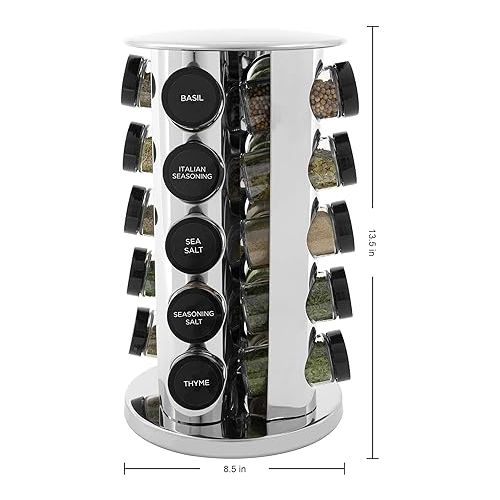 카먼스테인 Kamenstein 20 Jar Revolving Countertop Spice Rack with Spices Included, FREE Spice Refills for 5 Years, Polished Stainless Steel with Black Caps, 30020