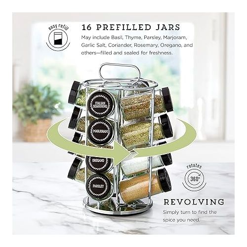 카먼스테인 Kamenstein 16 Jar Montauk Revolving Countertop Spice Rack Organizer with Spices Included, FREE Spice Refills for 5 Years, Chrome with Black Caps