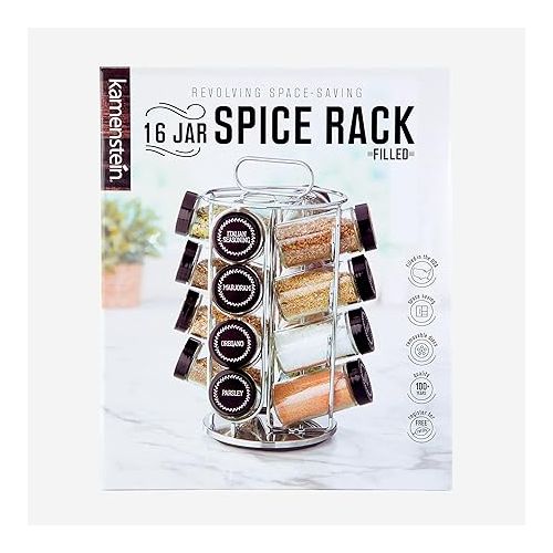 카먼스테인 Kamenstein 16 Jar Montauk Revolving Countertop Spice Rack Organizer with Spices Included, FREE Spice Refills for 5 Years, Chrome with Black Caps
