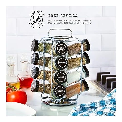 카먼스테인 Kamenstein 16 Jar Montauk Revolving Countertop Spice Rack Organizer with Spices Included, FREE Spice Refills for 5 Years, Chrome with Black Caps