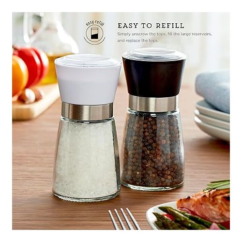 카먼스테인 Kamenstein Top Manual Grinders, Adjustable Grind Filled with Sea Salt and Black Peppercorns, Black and White, Set Of 2