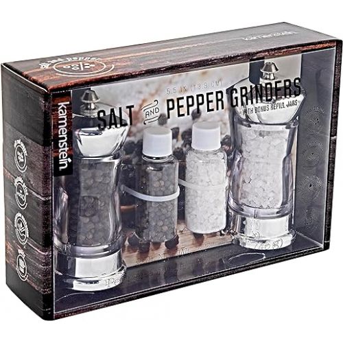 카먼스테인 Chrome Top Manual Grinders, Set Of 2, Filled With Sea Salt And Black Peppercorns, Refill Jars Included