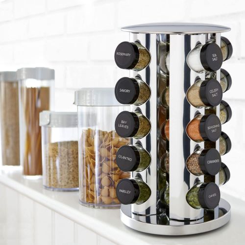 카먼스테인 Kamenstein 30020 Revolving 20-Jar Countertop Spice Rack Tower Organizer with Free Spice Refills for 5 Years,Silver