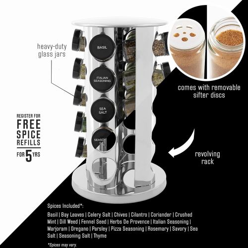 카먼스테인 Kamenstein 30020 Revolving 20-Jar Countertop Spice Rack Tower Organizer with Free Spice Refills for 5 Years,Silver