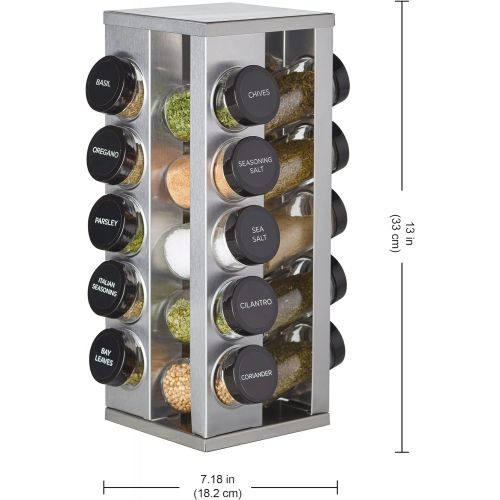 카먼스테인 Kamenstein 20 Jar Revolving, on Counter Top Spice Rack, with 20 Jars Filled with Spice, Free 5 Year Refills, Filled in the USA, Brushed Stainless Steel