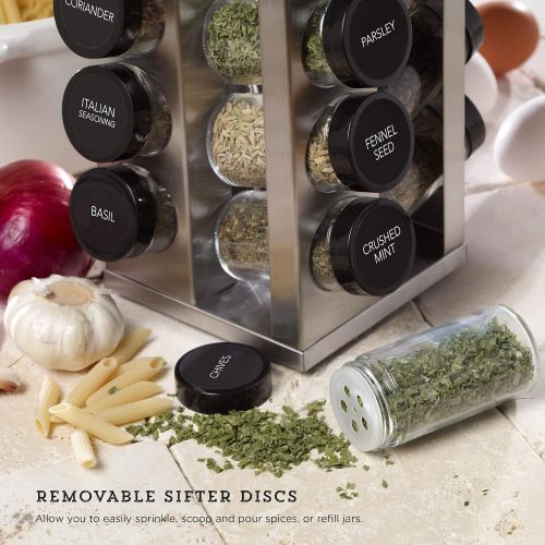 카먼스테인 Kamenstein 20 Jar Revolving, on Counter Top Spice Rack, with 20 Jars Filled with Spice, Free 5 Year Refills, Filled in the USA, Brushed Stainless Steel